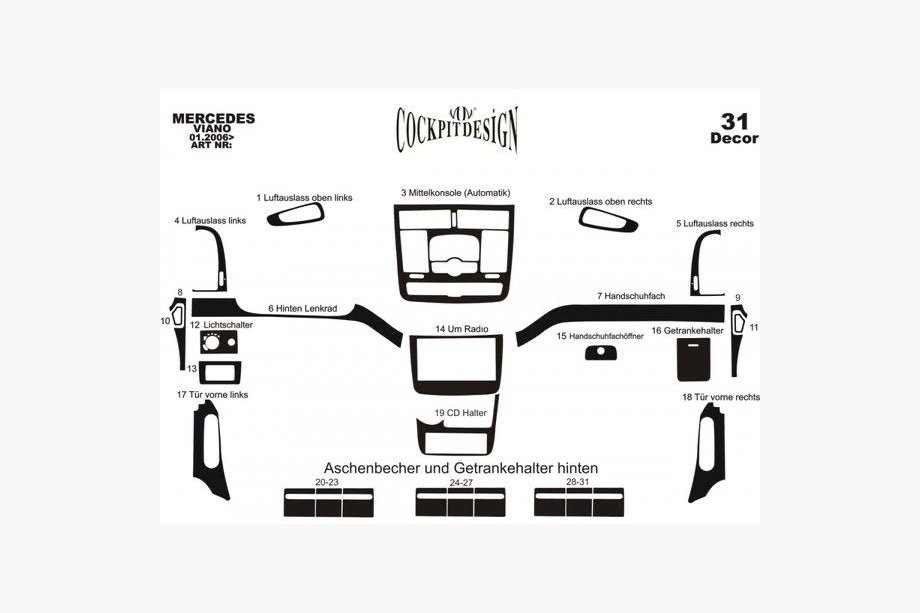 Mercedes Viano 2004–2014 Dashboard sierpanelen Meric (voorzijde + interieurinserts) 2006-2014, Aluminium Foto 4