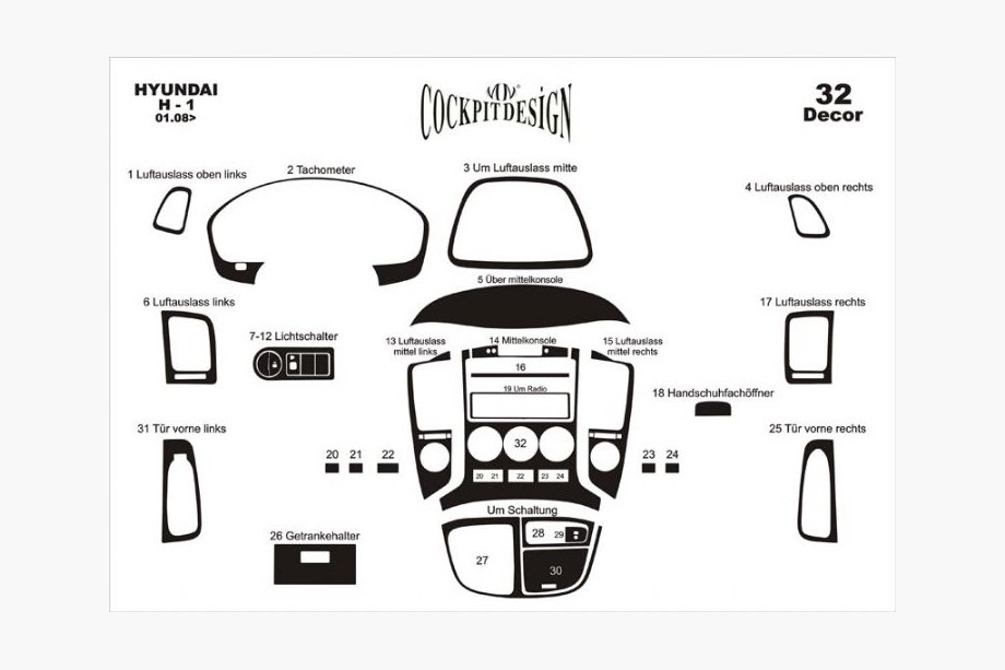 Hyundai H300, H1, Starex 2008–2020 Dashboard sierlijsten (grote set) Aluminium Foto 2