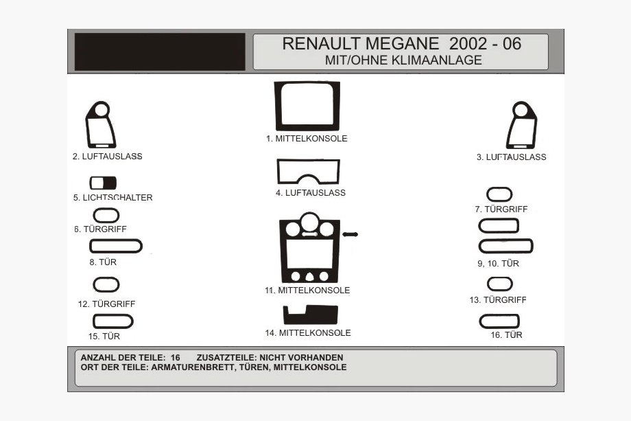 Renault Megane II 2004–2009 Dashboard sierlijsten set 16-delig (Hartman, Polen) Image
