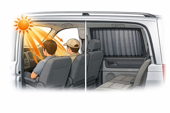 Waarom de zon achterpassagiers in Mercedes Vito verhit en welke zonneschermen passen