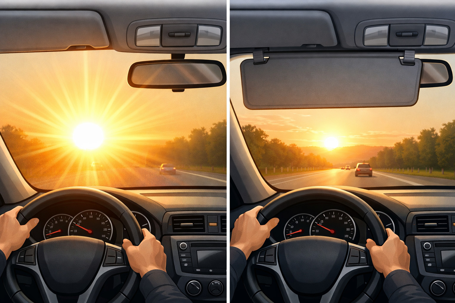 Waarom de zon ’s ochtends en ’s avonds verblindt en wanneer een voorruitvizier helpt
