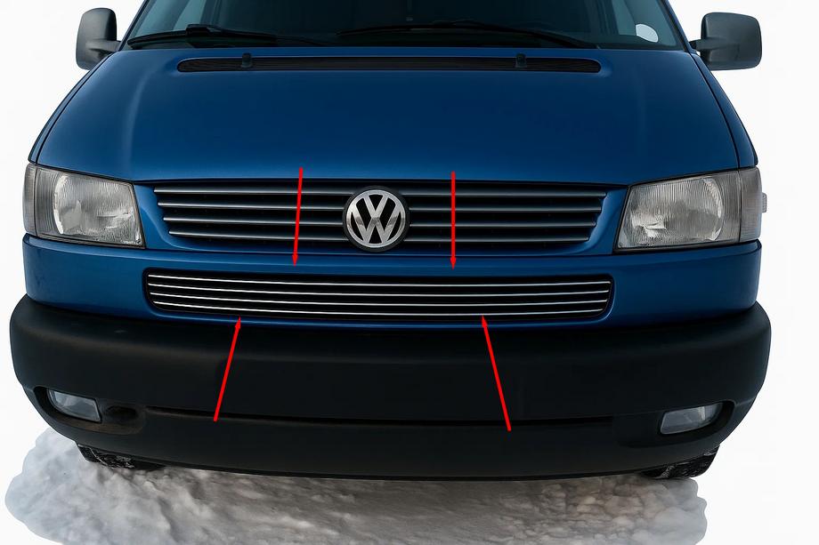 Volkswagen T4 Transporter 1990–2003 RVS sierlijsten voor bumperrooster "Косою капот" (4-delig) Foto 1